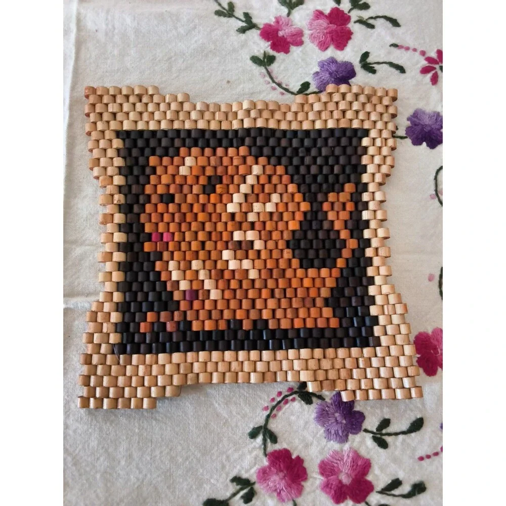Vintage Bamboo Wood Bead Trivets Hot Pad Floral Flowers Lion Animal MCM